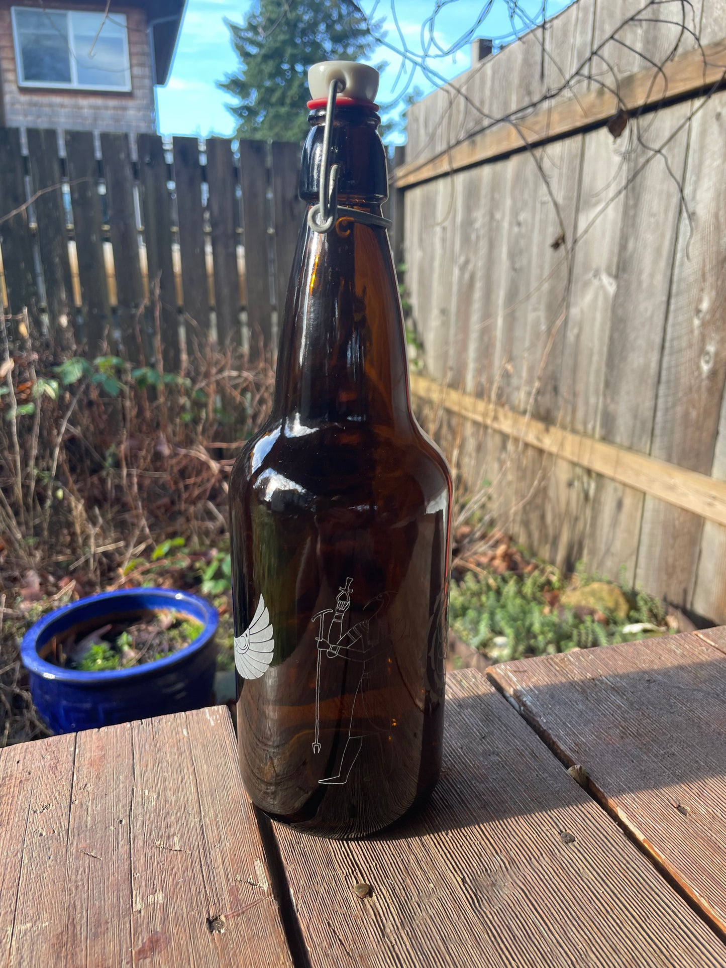 1000ml Egyption Flower of Life Etched Amber Glass Water Bottle