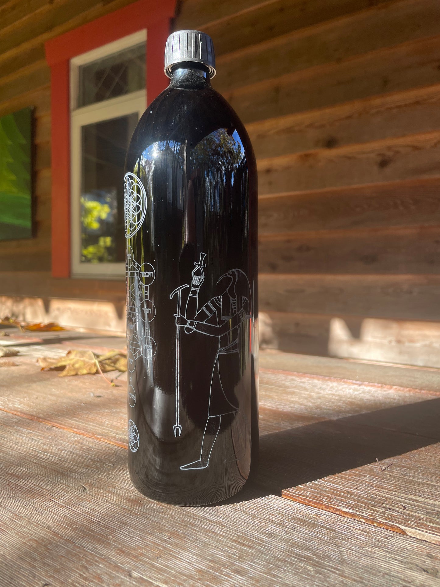 Egyption Kabbalah 1000ml Miron Etched Glass Water Bottle