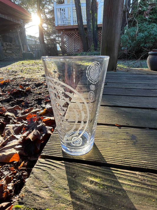 Sri Yantra and Chakra 480ml Etched Pint Glass| Sacred Geometry Drinkware