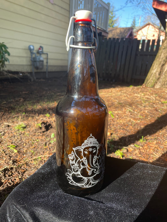 Ganesh 1000ml Etched Amber Glass Water Bottle