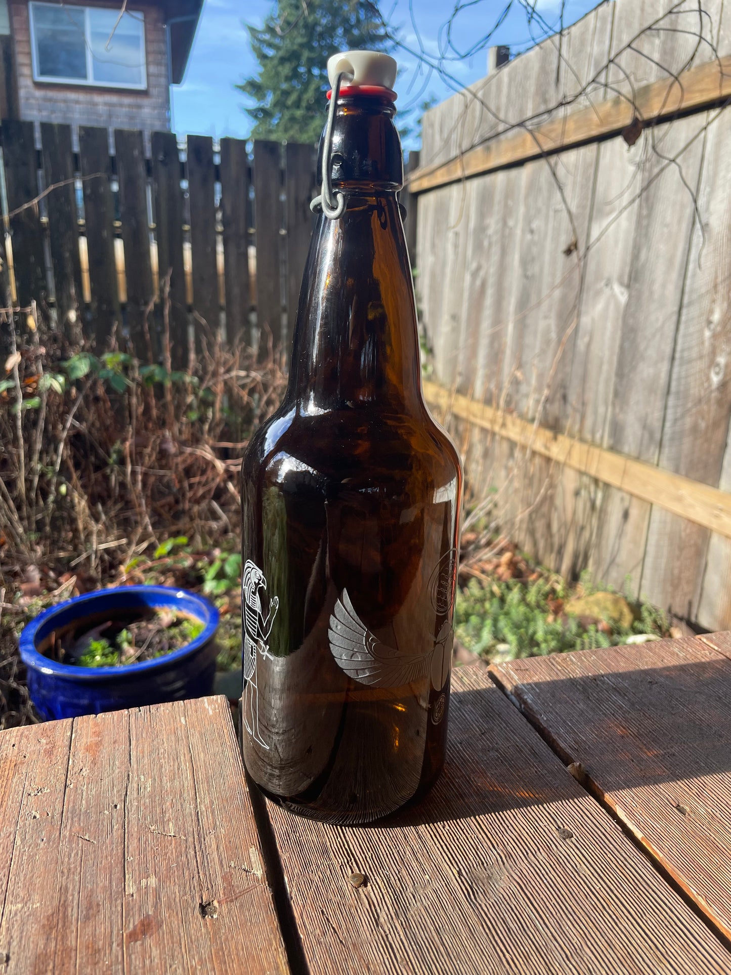 1000ml Egyption Flower of Life Etched Amber Glass Water Bottle