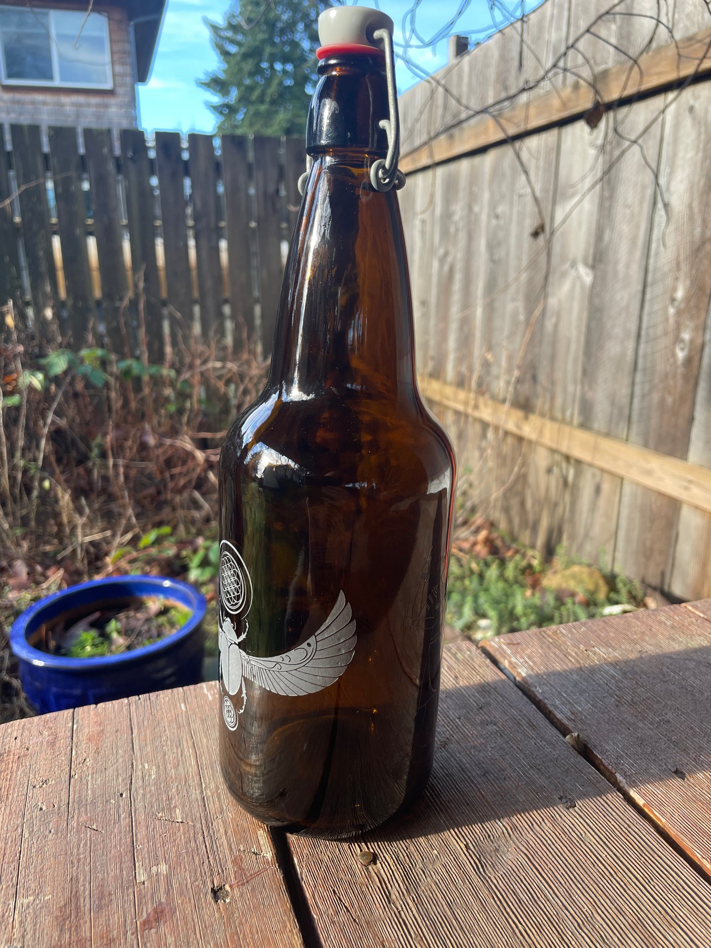 1000ml Egyption Flower of Life Etched Amber Glass Water Bottle